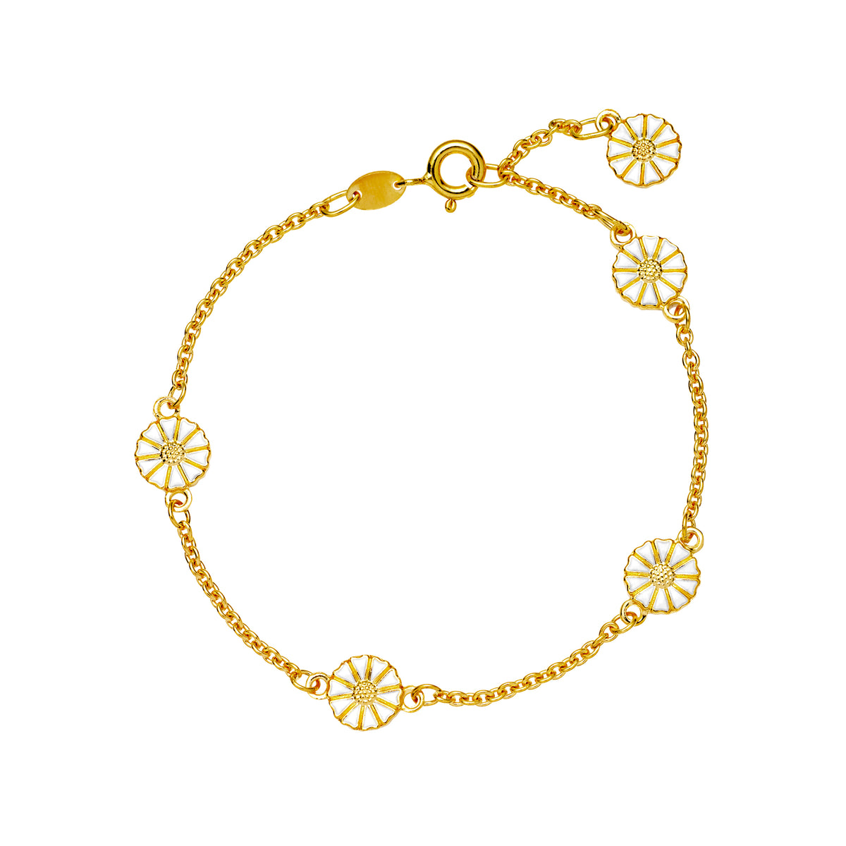 Lund Copenhagen Marguerit armbånd 5x7,5mm hvid emalje 16-17-19cm i forgyldt sølv – model 90107018-5-M