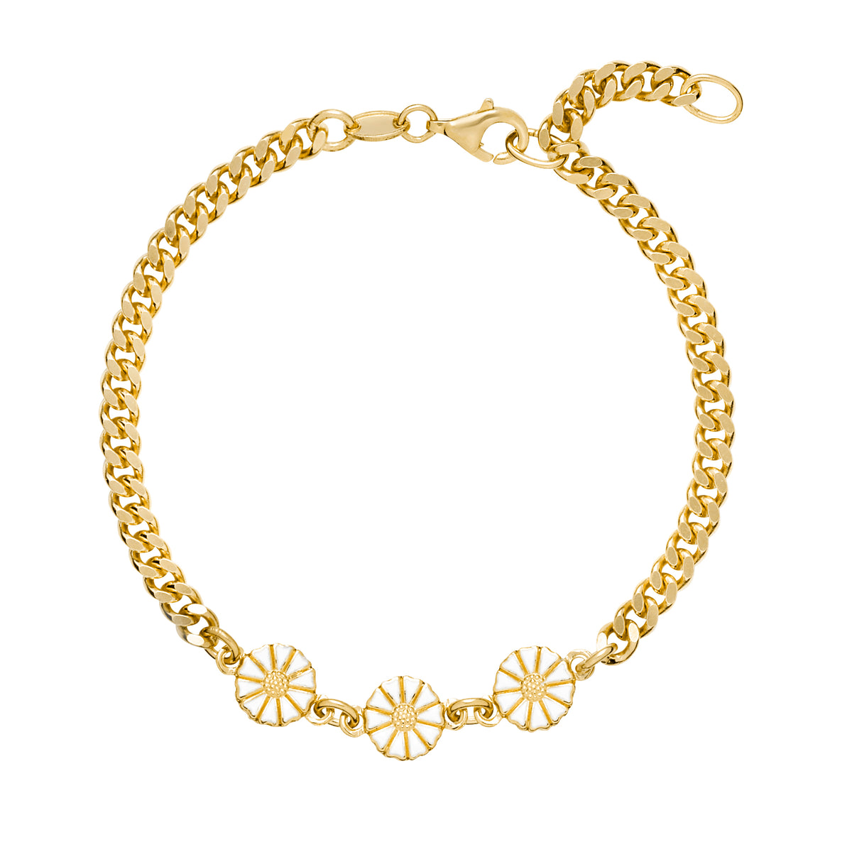 Lund Copenhagen Marguerit armbånd 3x7,5mm med panser kæde hvid emalje 17-19cm i forgyldt sølv – model 90110019-3-M