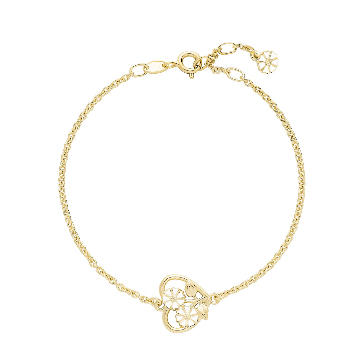 Lund Copenhagen Marguerit armbånd med hjerte 3x5mm hvid emalje 17-18-19 cm i forgyldt sølv – model 9015109-M