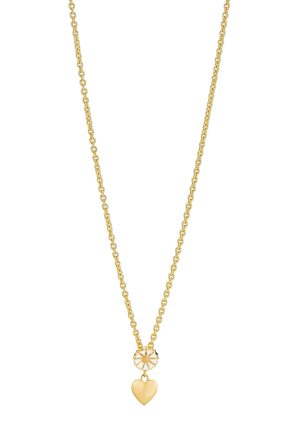 Lund Copenhagen Marguerit collier 1x7,5mm og mat hjerte hvid emalje 42-45cm i forgyldt sølv – model 902030-M