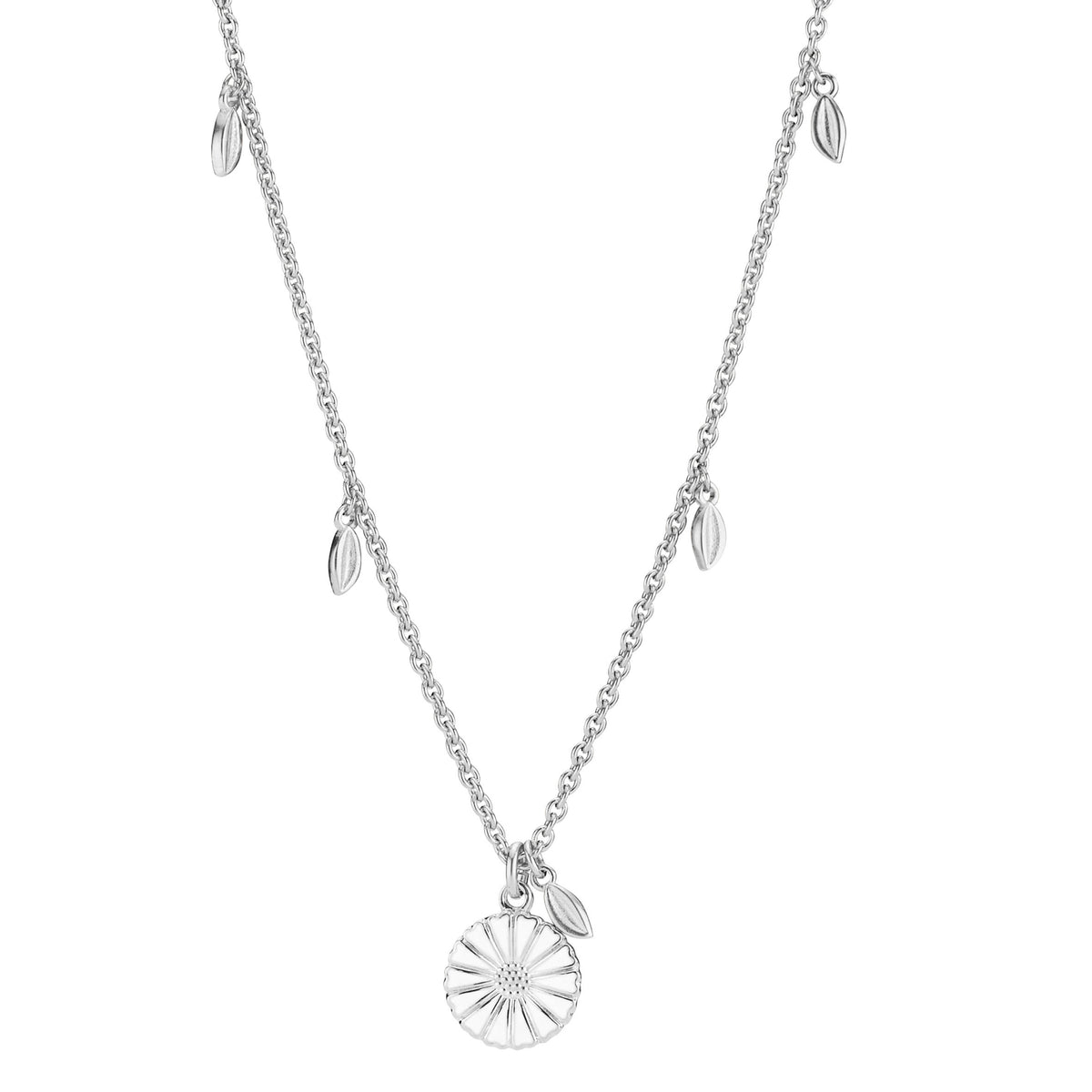 Lund Copenhagen Marguerit collier 11 mm med blade hvid emalje 45-48 cm i sølv – model 9025057-H