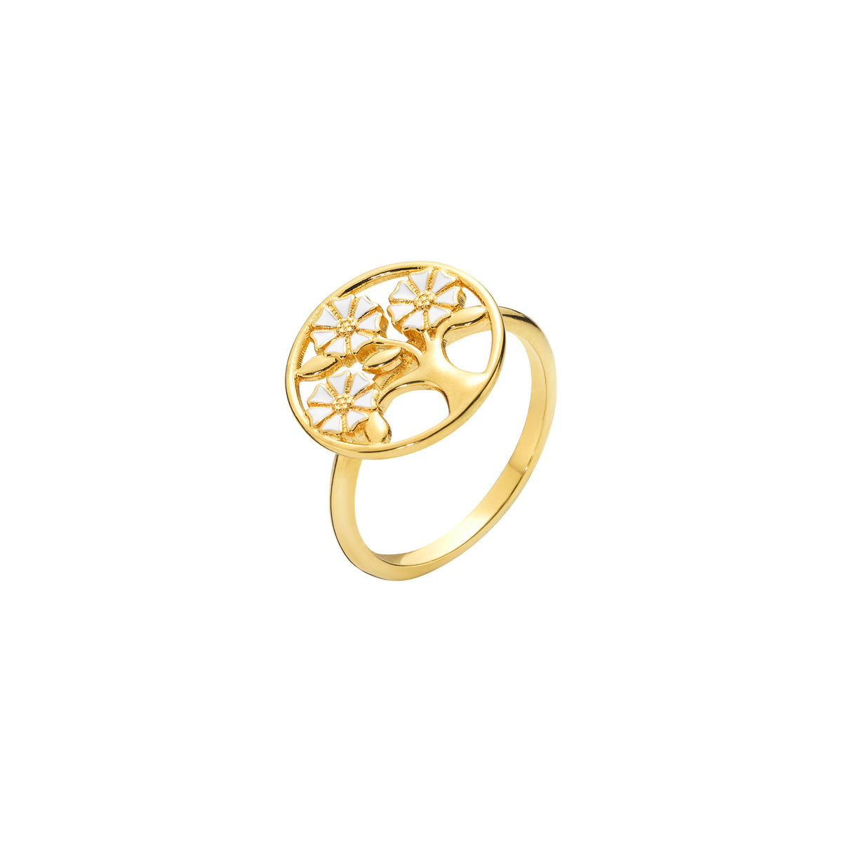 Lund Copenhagen Marguerit ring 3x5 mm livets træ 15 mm med hvid emalje i forgyldt sølv – model 9075063-M
