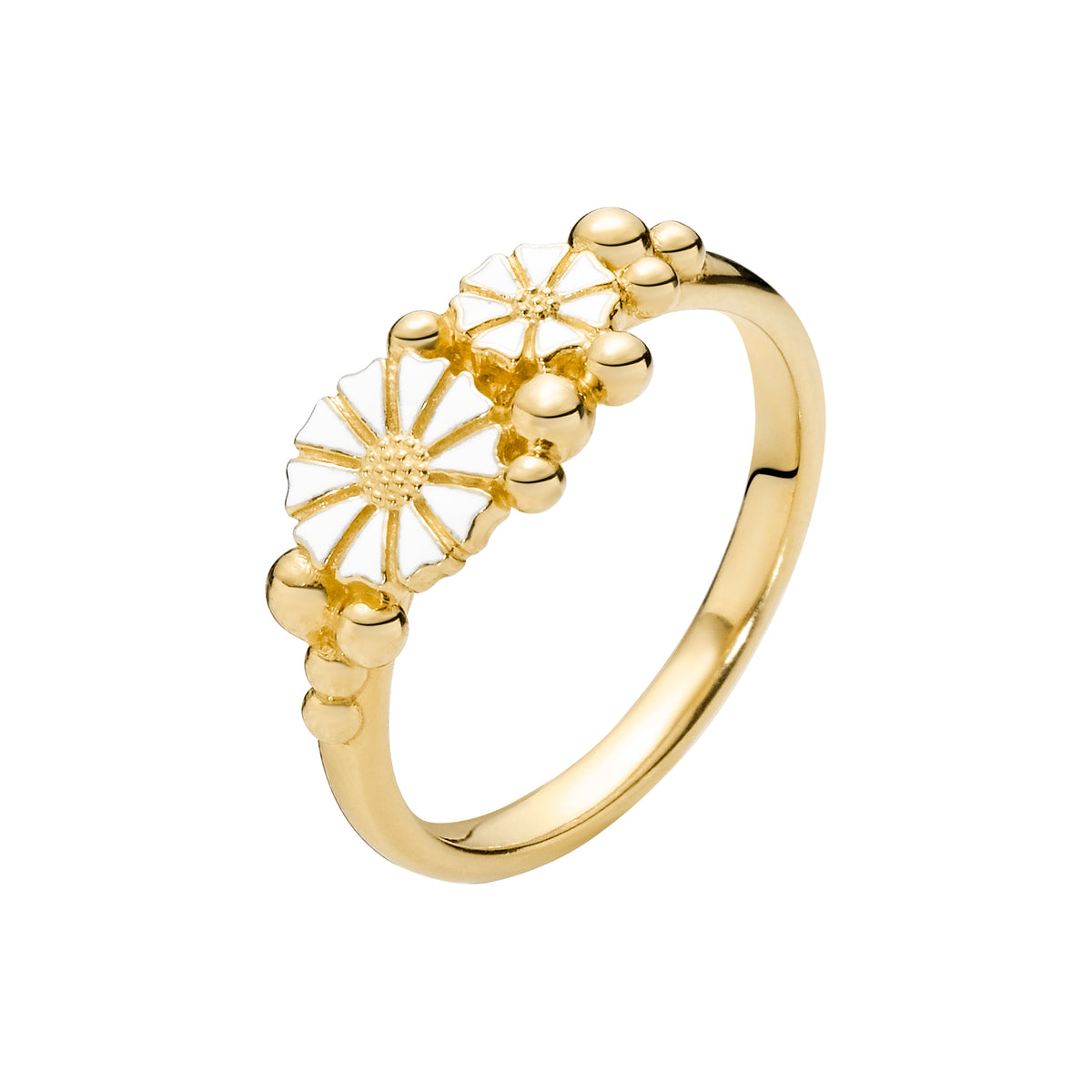 Lund Copenhagen Marguerit ring med kugler 1x5mm og 1x7,5mm hvid emajle i forgyldt sølv – model 9075068-M