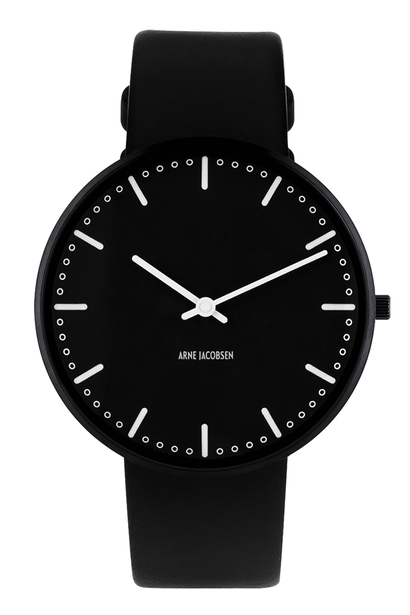 Arne Jacobsen - CITY HALL 40 mm sort stål ur med læderrem - Model: 53205B-2001B