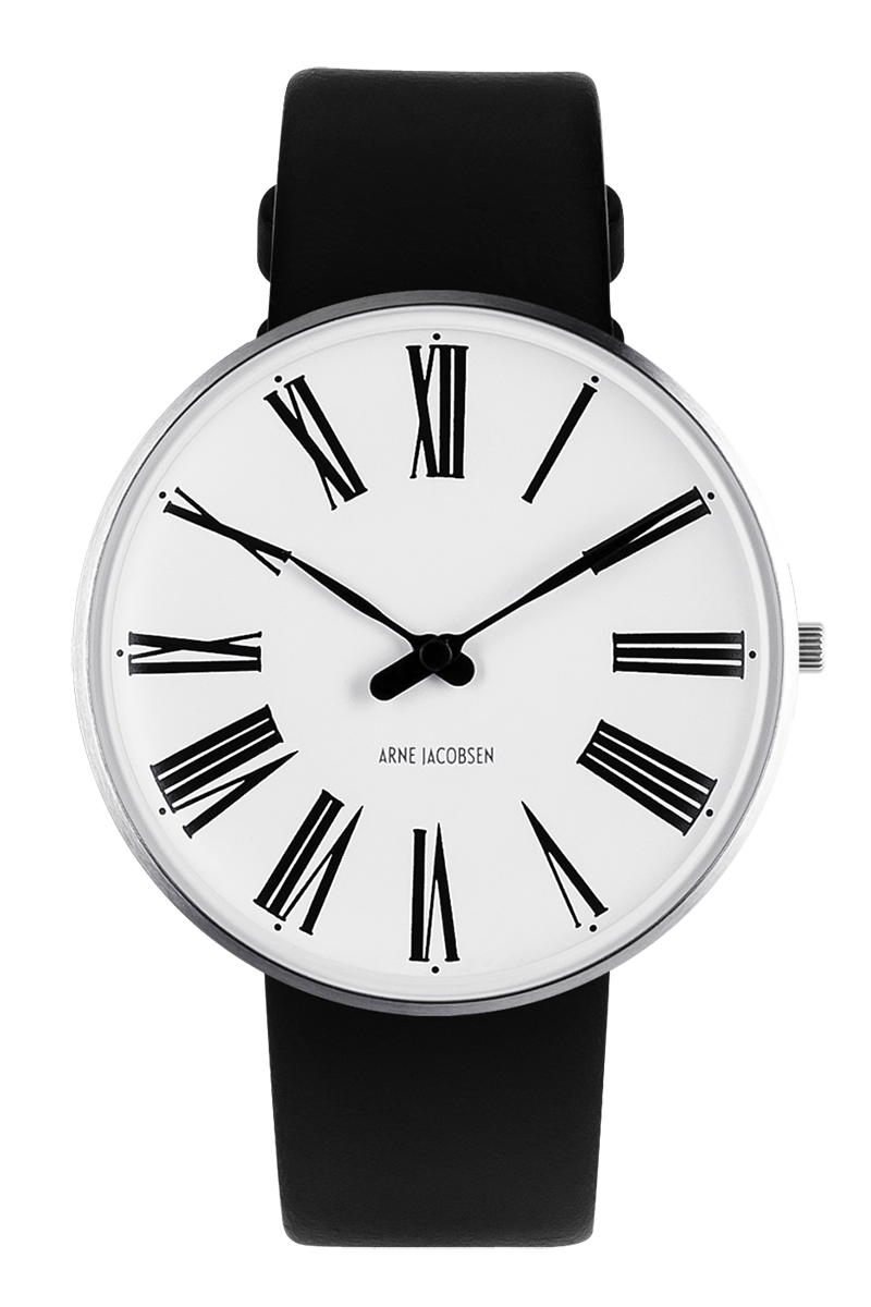 Arne Jacobsen - ROMAN 40 mm stål ur med hvid skive med sort læderrem - Model: 53302-2001