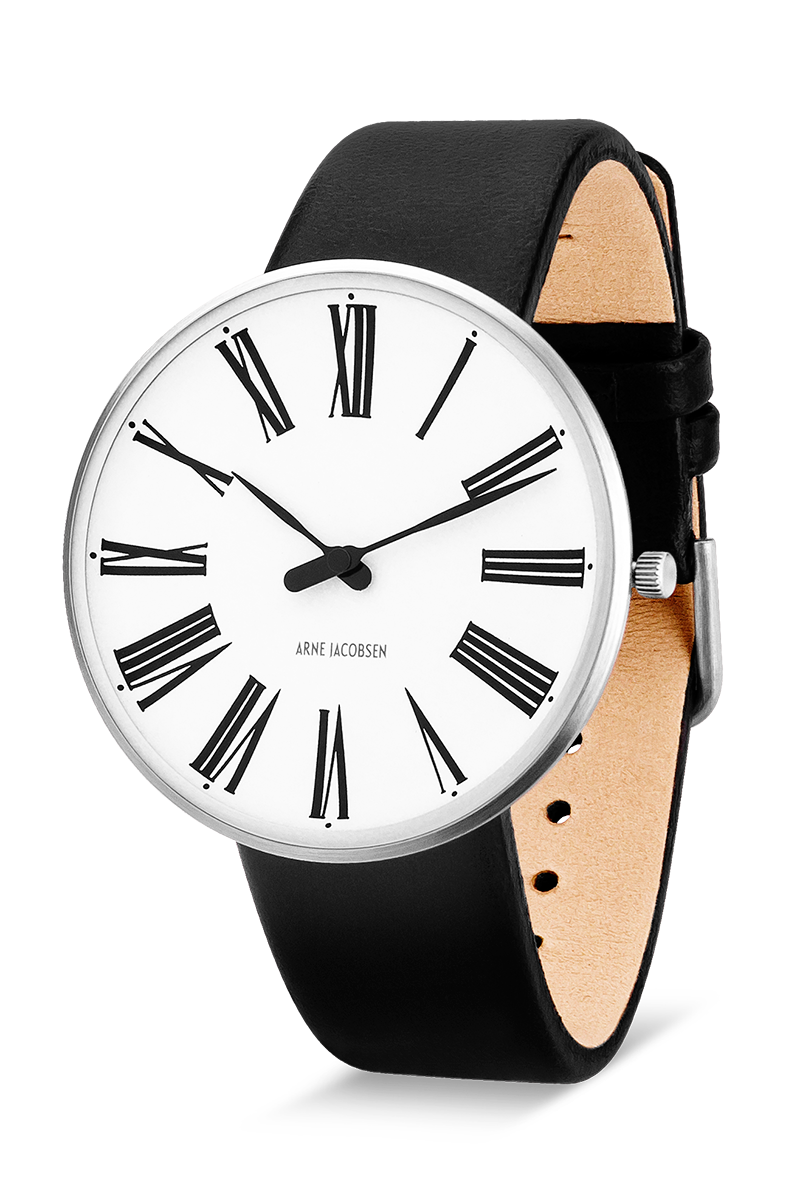 Arne Jacobsen - ROMAN 40 mm stål ur med hvid skive med sort læderrem - Model: 53302-2001