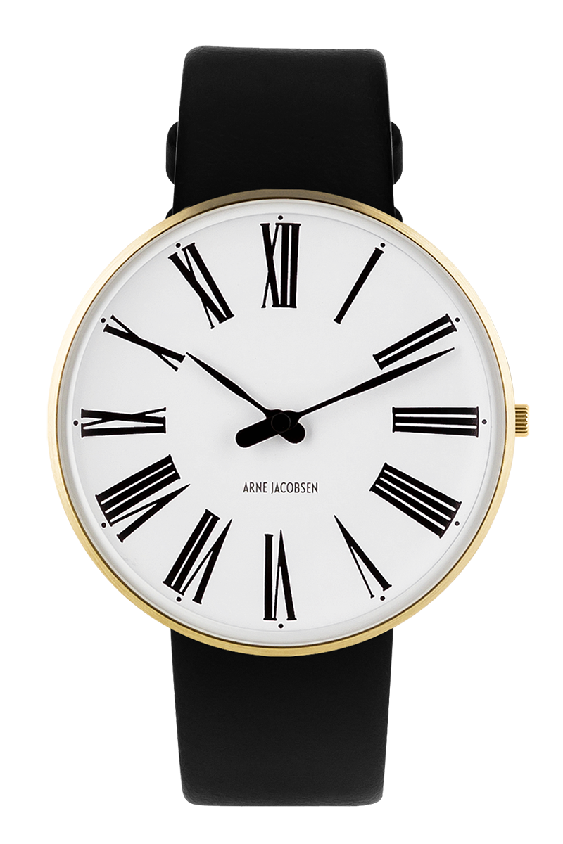 Arne Jacobsen - ROMAN 40 mm doublé ur med hvid skive med sort læderrem - Model: 53308-2001G