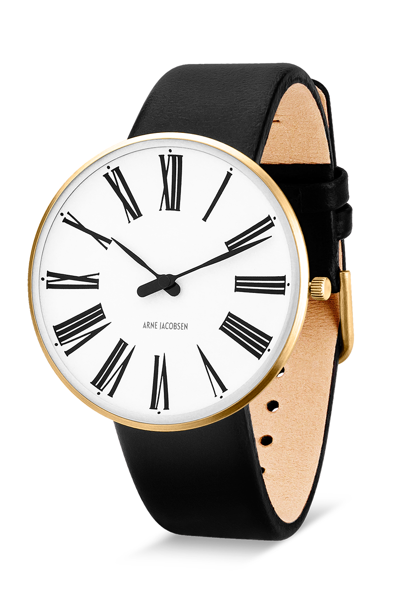 Arne Jacobsen - ROMAN 40 mm doublé ur med hvid skive med sort læderrem - Model: 53308-2001G