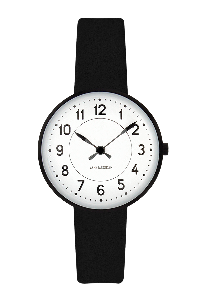 Arne Jacobsen - STATION 30 mm sort stål ur med læderrem - Model: 53400-1401BP