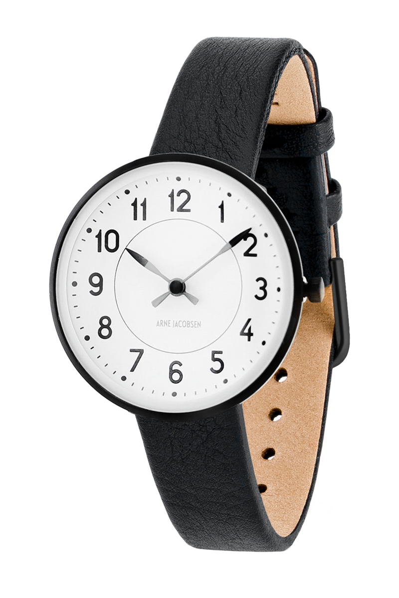 Arne Jacobsen - STATION 30 mm sort stål ur med læderrem - Model: 53400-1401BP