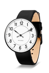 Arne Jacobsen - STATION 40 mm sort stål ur med læderrem - Model: 53412-2001B