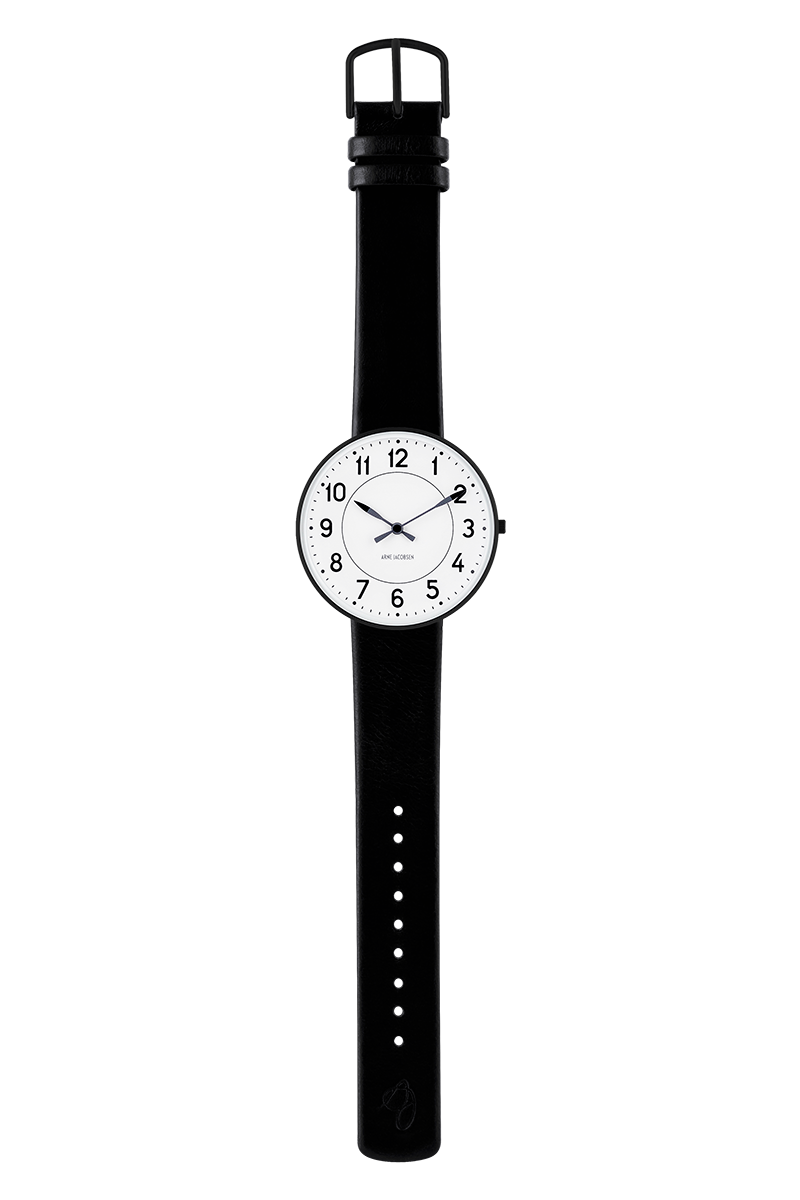 Arne Jacobsen - STATION 40 mm sort stål ur med læderrem - Model: 53412-2001B