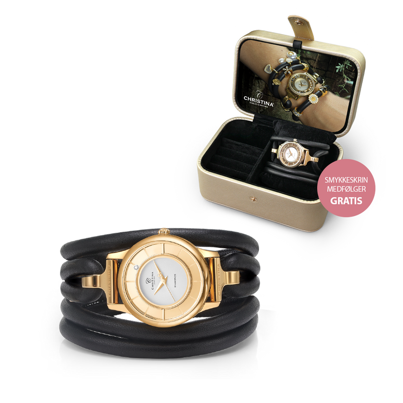 Christina Collect - Kampagne ur i forgyldt stål med 6mm sort læder cordsæt, inklusiv flot ur-/smykkeskrin - Model: 645-Jewel-GW-6-Black