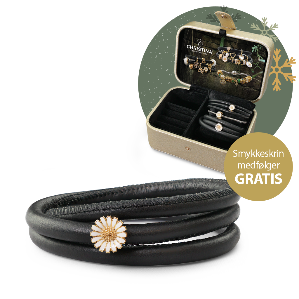 Christina Classic læder m forgyldt Marguerite armbånd i forgyldt sølv – model 605-JEWEL-G