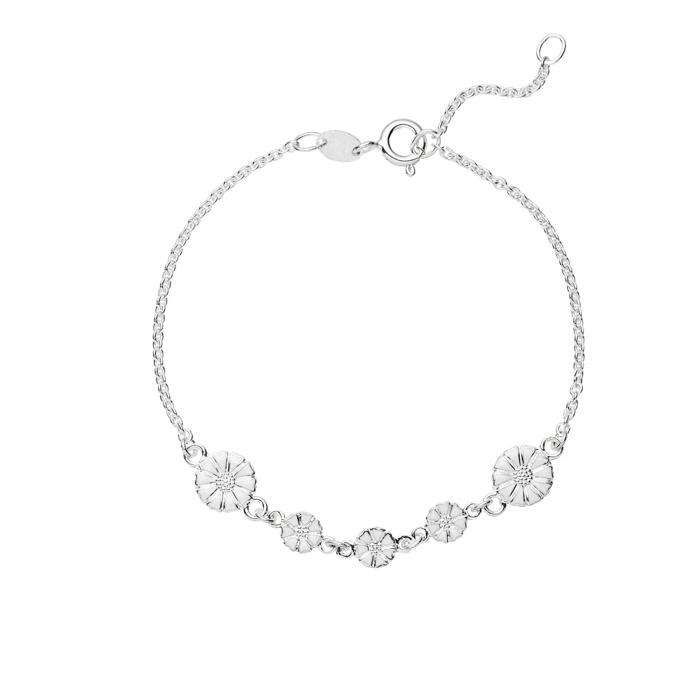 Lund Copenhagen Marguerit armbånd 2x7,5mm og 3x5mm hvid emalje 16-19cm i sølv – model 90117519-H
