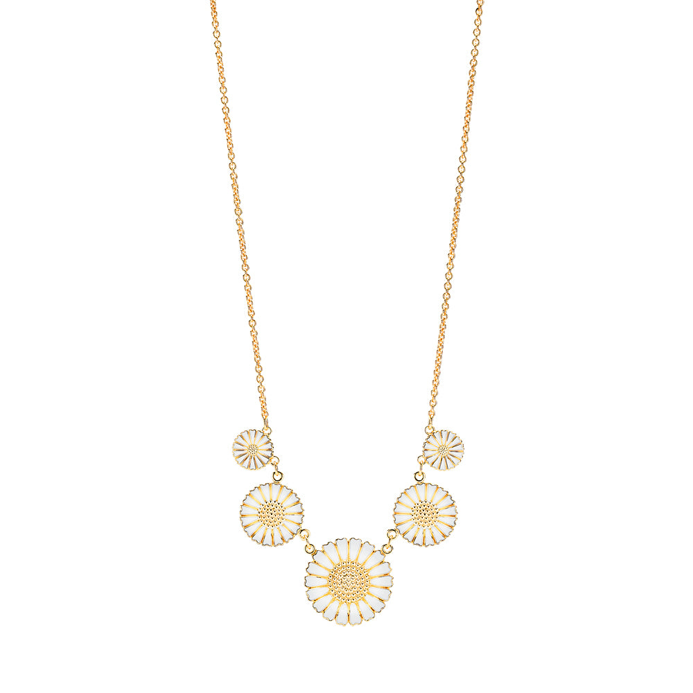 Lund Copenhagen Marguerit collier 42-45cm med 2x11mm+2x18+1x25mm hvid emalje i forgyldt sølv – model 902-F-M