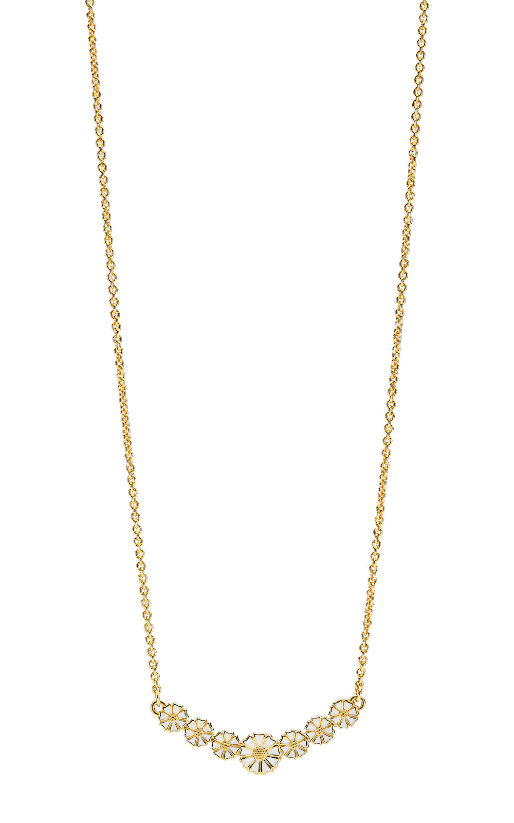 Lund Copenhagen Marguerit collier med 6x5mm og 1x7,5mm hvid emalje 42-45cm i forgyldt sølv – model 902175-M