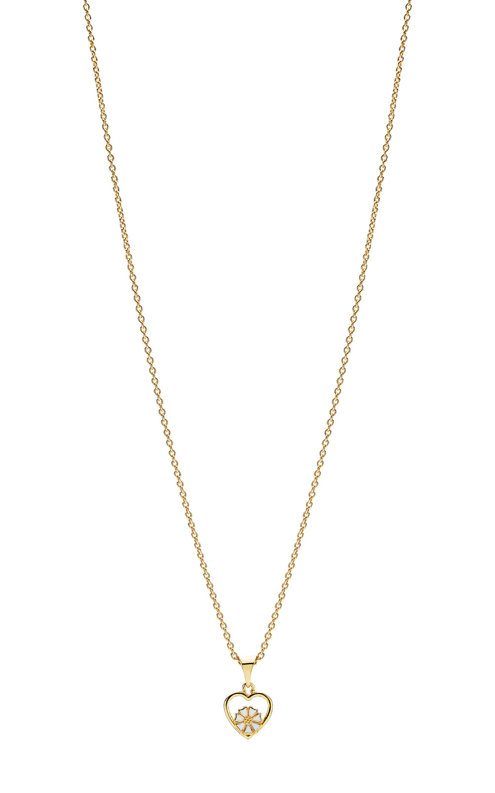 Lund Copenhagen Marguerit collier med vedhæng trådhjerte 1x5mm forgyldt hvid emalje 0,35/38-42cm i forgyldt sølv – model 902249-M