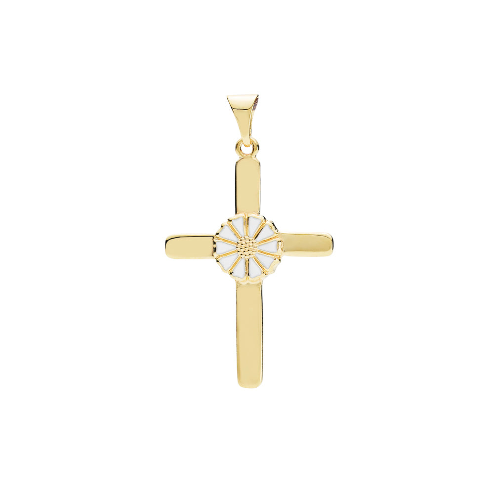 Lund Copenhagen Marguerit kors 25x19mm med 1x7,5mm marg. hvid emalje i forgyldt sølv – model 906070-M