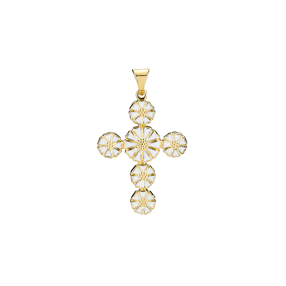 Lund Copenhagen Marguerit vedhæng kors 1x7,5mm og 5x5mm 24x19mm hvid emalje i forgyldt sølv – model 906050-M