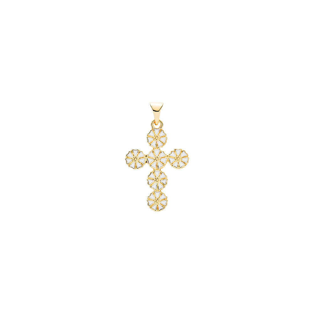 Lund Copenhagen Marguerit vedhæng kors med 6x5mm 20x15mm hvid emalje i forgyldt sølv – model 906051-M
