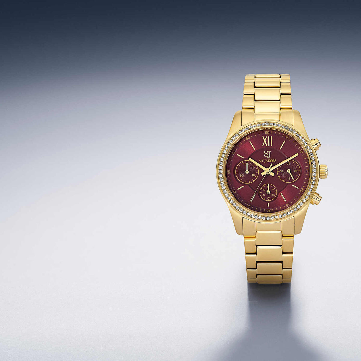 Sif Jakobs Ur Domenica stainless steel gold burgundy urskive og hvide zirkoner i forgyldt sølv