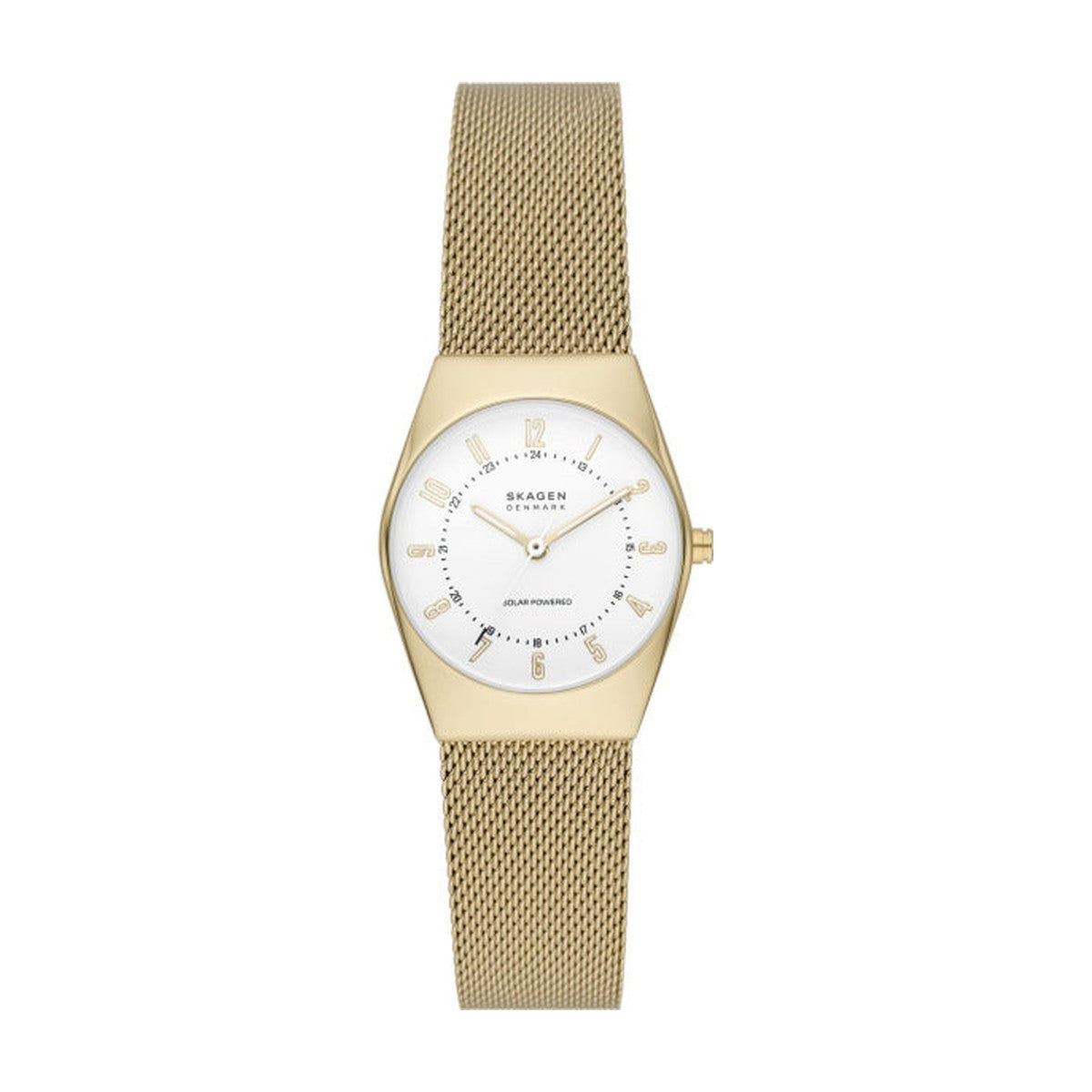 Skagen - Forgyldt SOLAR dameur, hvid skive og meshlænke - Model: SKW3077