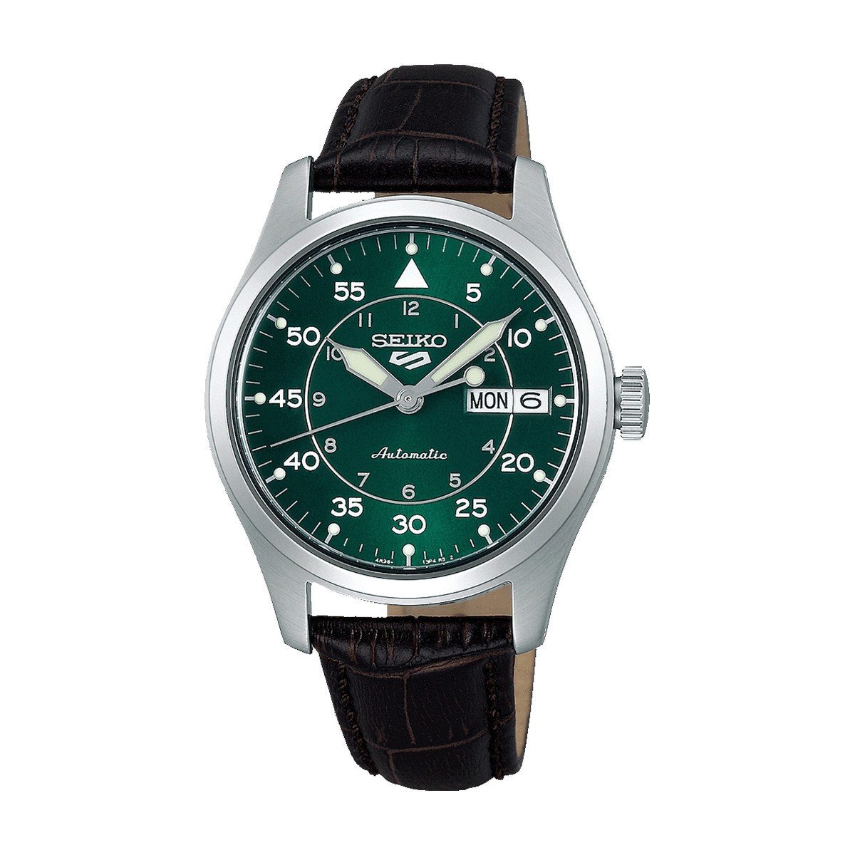 Seiko -  Seiko 5 sport automatic herreur, stål m. mørkebrun læderrem og grøn skive - Model: SRPJ89K1