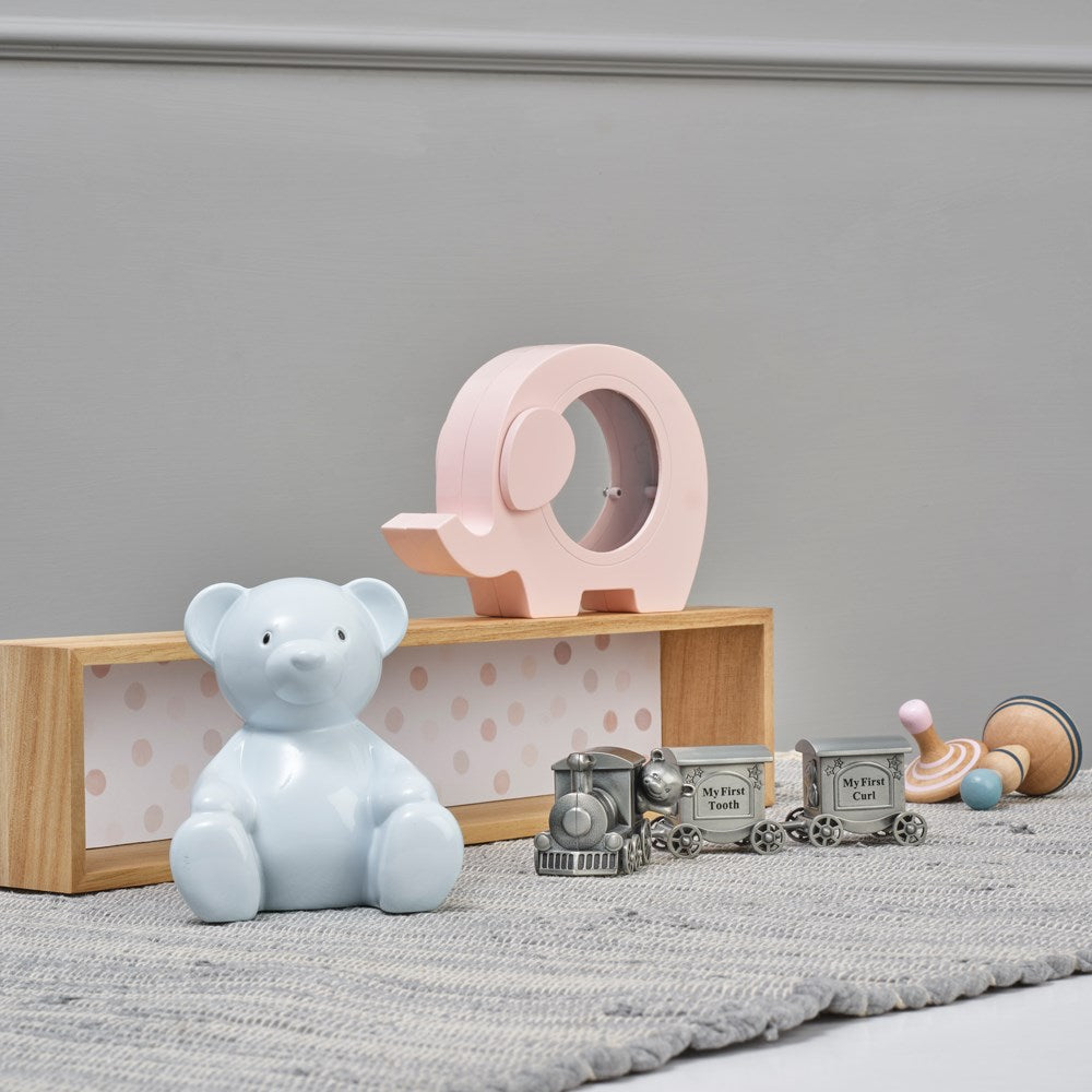 Zilverstad Lyseblå sparebøsse bamse m. graveringsplade