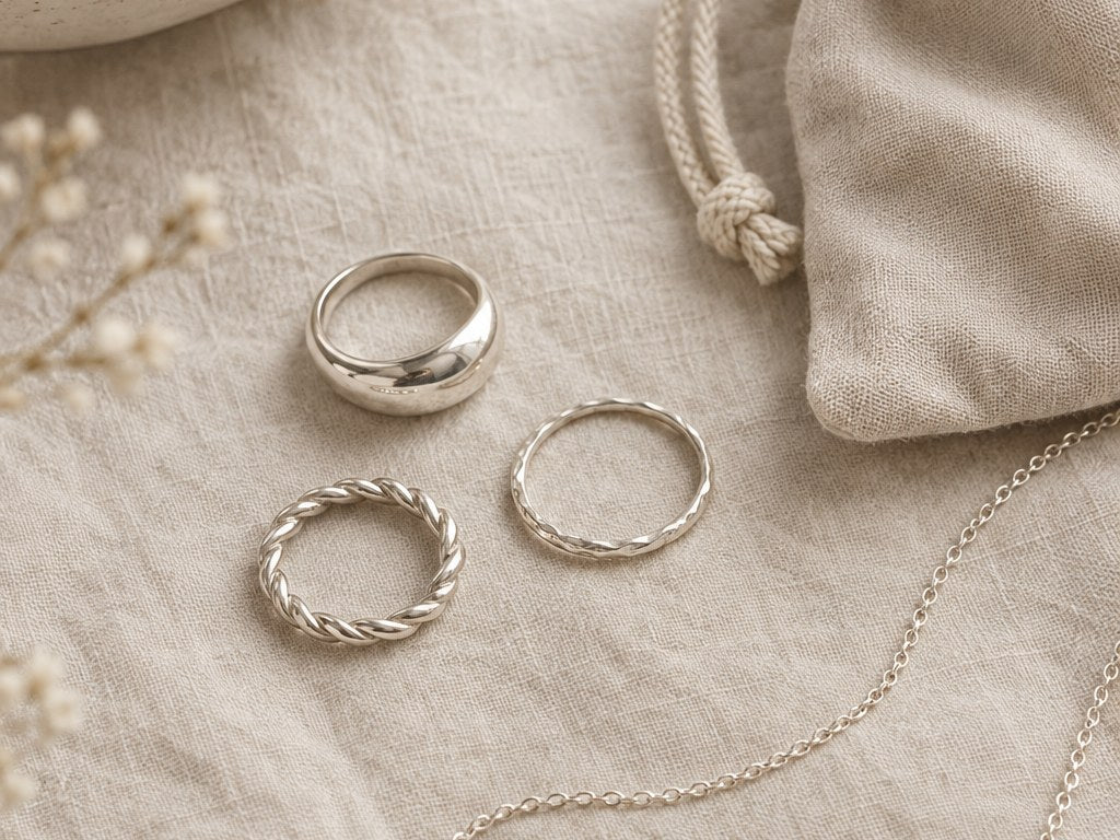 Sølvringe og sølvkæde med smykkepose – stemningsbillede