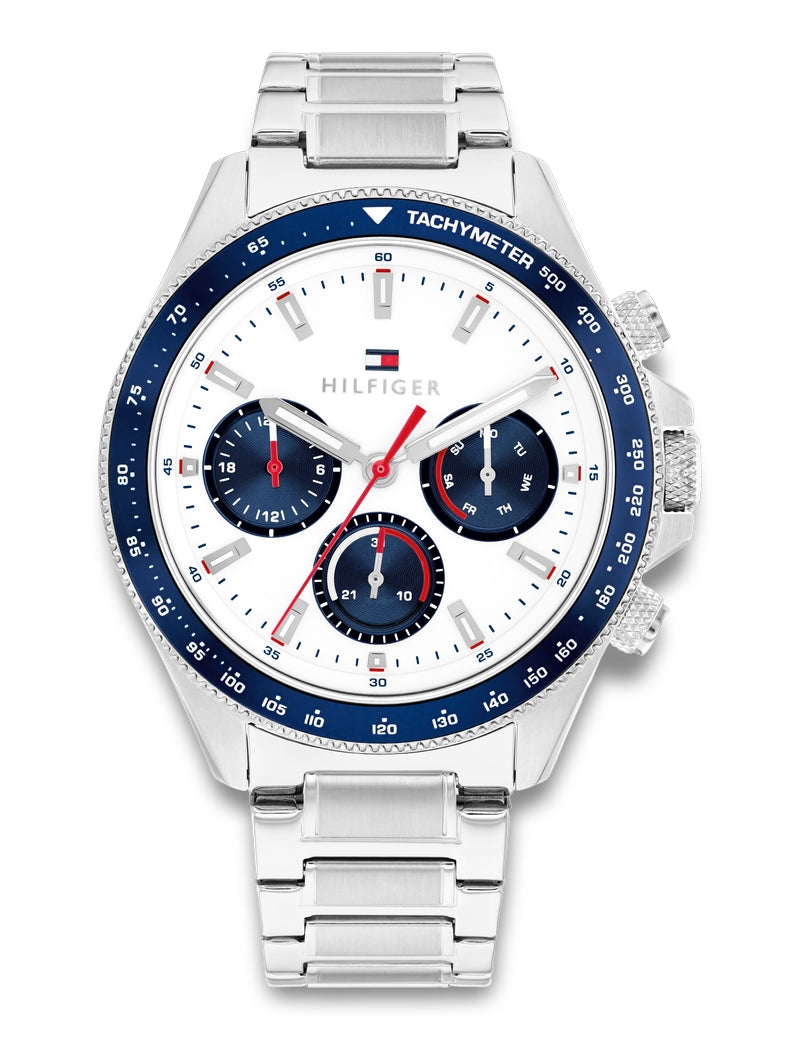 Tommy Hilfiger - Herreur Clark i stål med hvid skive, multifunktion, lænke - Model: 1792238