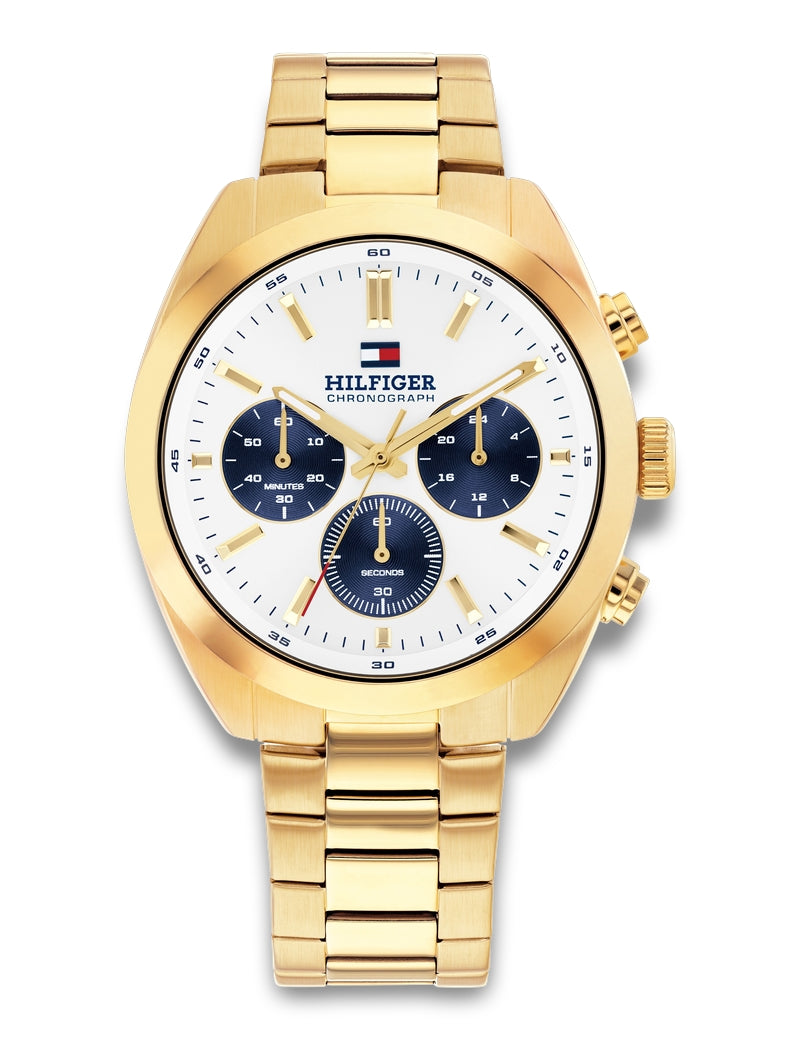 Tommy Hilfiger - Herreur Hudson i forgyldt stål med hvid skive og blå detaljer, lænke - Model: 1710723