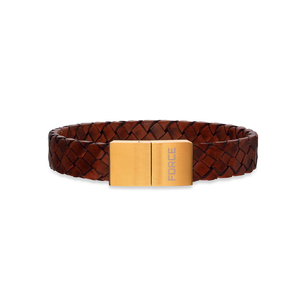 Scrouples - FORCE Herre armbånd brunt flettet læder med forgyldt stål lås - Model: 03291,21