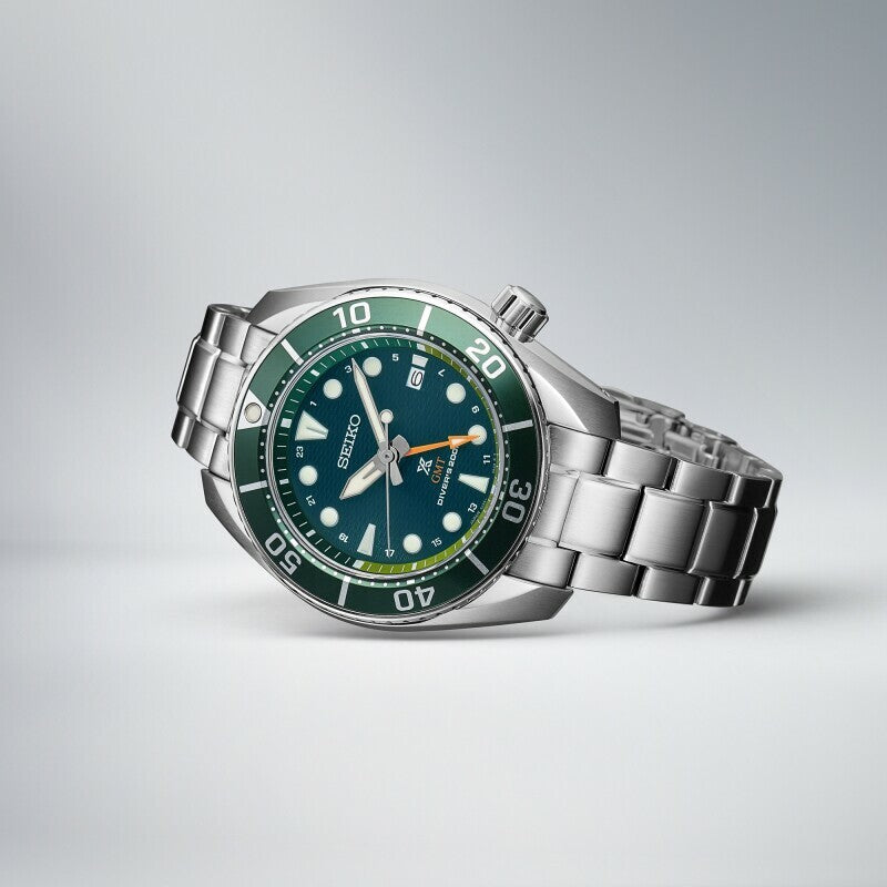 Seiko PROSPEX GMT DIVER 200m herreur i stål m. lænke, grøn skive - Model: SFK003J1
