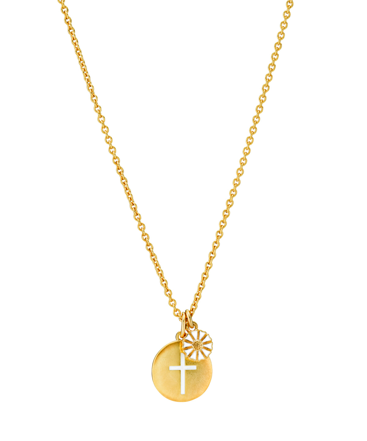 Køb Lund Copenhagen - Marguerit collier forgyldt med kors i mønt, 15mm, med en forgyldt sølv kæde, 45-48cm - Modelnr. 9025036-M hos Guldsmed Smeds