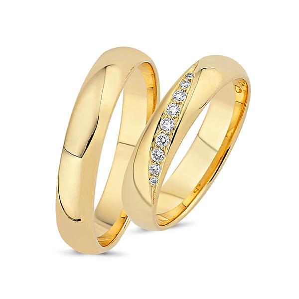 Køb NURAN - Vielses- og forlovelsesringe i 14 kt. guld med 0,12ct W/vs brillant - 4,5 mm. bred - Model hos Guldsmed Smeds