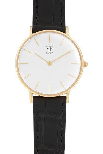 Køb Faber Time - 36 mm forgyldt ur, hvid urskive. - Modelnr.: F605YG hos Guldsmed Smeds