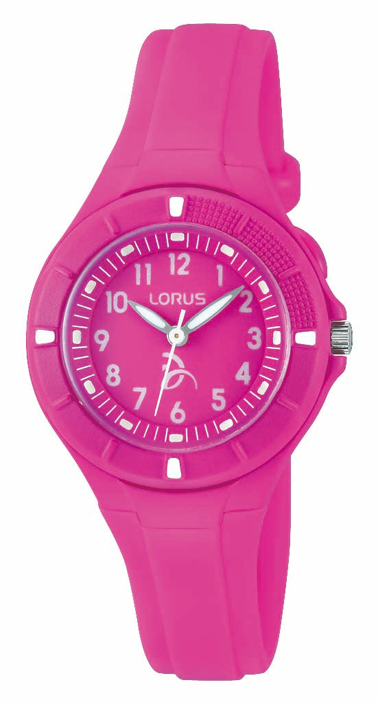 Køb Lorus -  Børneur stål tal pink med rem 100 m - Model: R2335KX9 hos Guldsmed Smeds