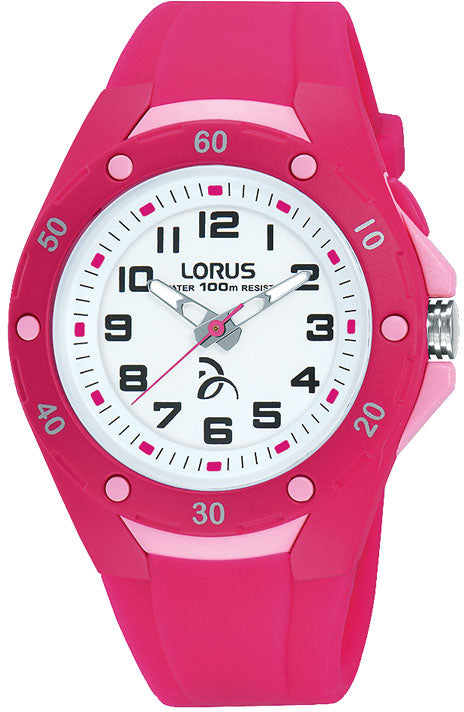 Køb Lorus -  Børneur pink silikone rem tal 100 m - Model: R2371LX9 hos Guldsmed Smeds