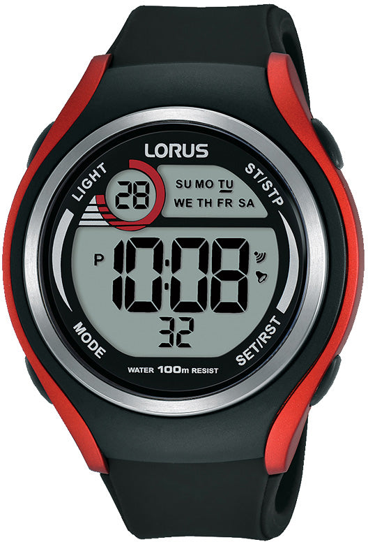 Køb Lorus -  Digital sports ur med sort/rød silicone rem - Model: R2379LX9 hos Guldsmed Smeds