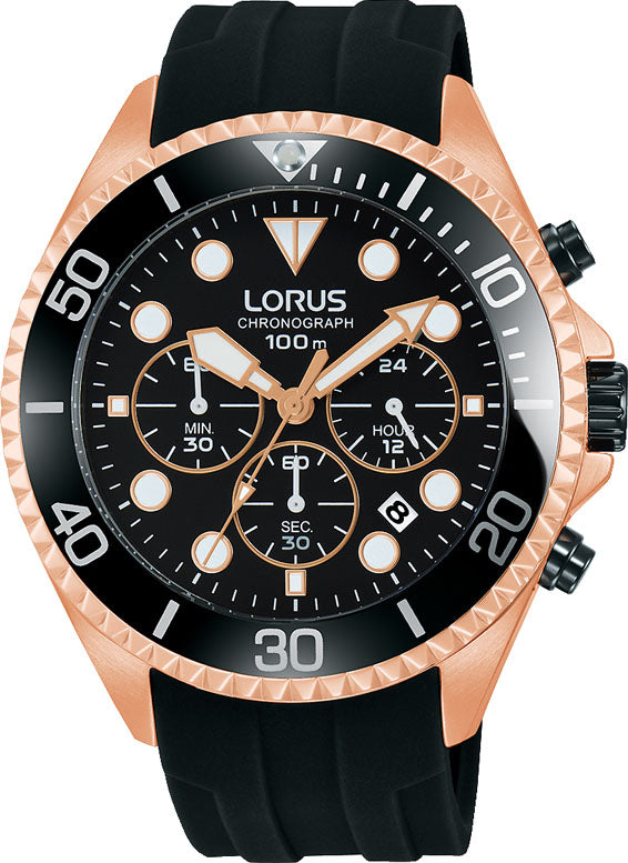 Køb Lorus -  Herreur chronograph rosa gulddublé med sort silicone rem - Model: RT322GX9 hos Guldsmed Smeds