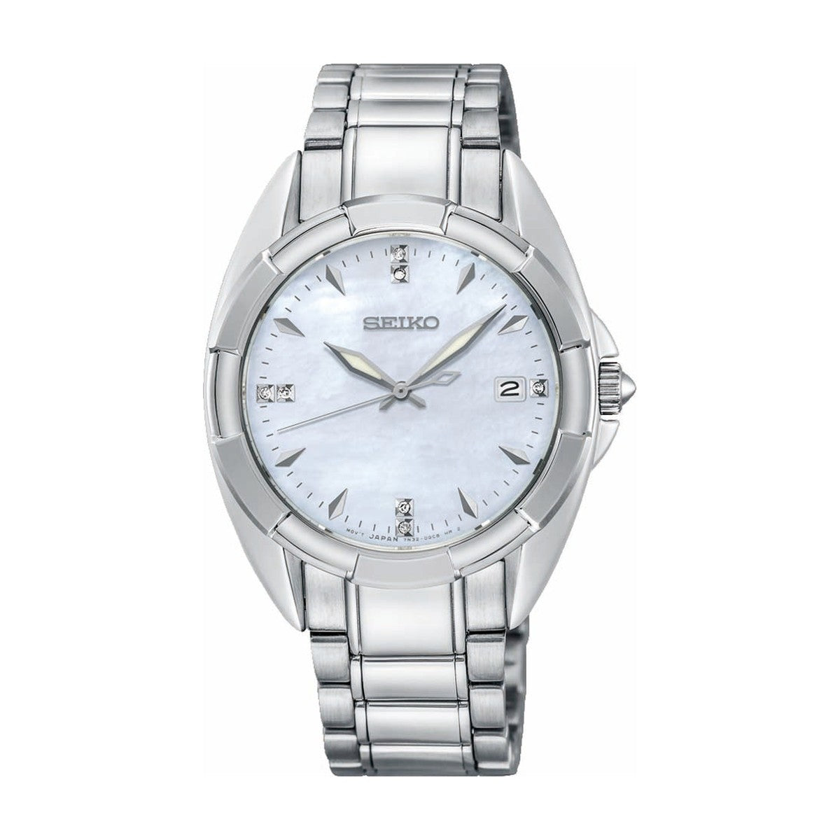 Køb Seiko - Dameur stål med lænke, 7 diamanter, perle skive, 100m - Model: SKK885P1 hos Guldsmed Smeds