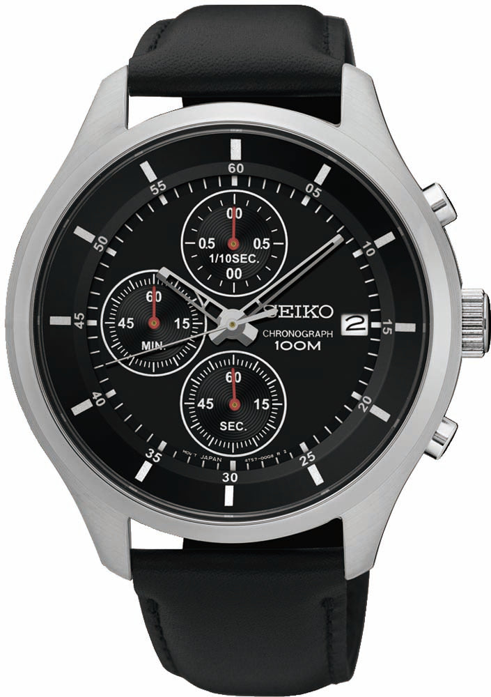 Køb Seiko - Herreur cronograph stål med rem dato sort skive 100 m - Model: SKS539P2 hos Guldsmed Smeds