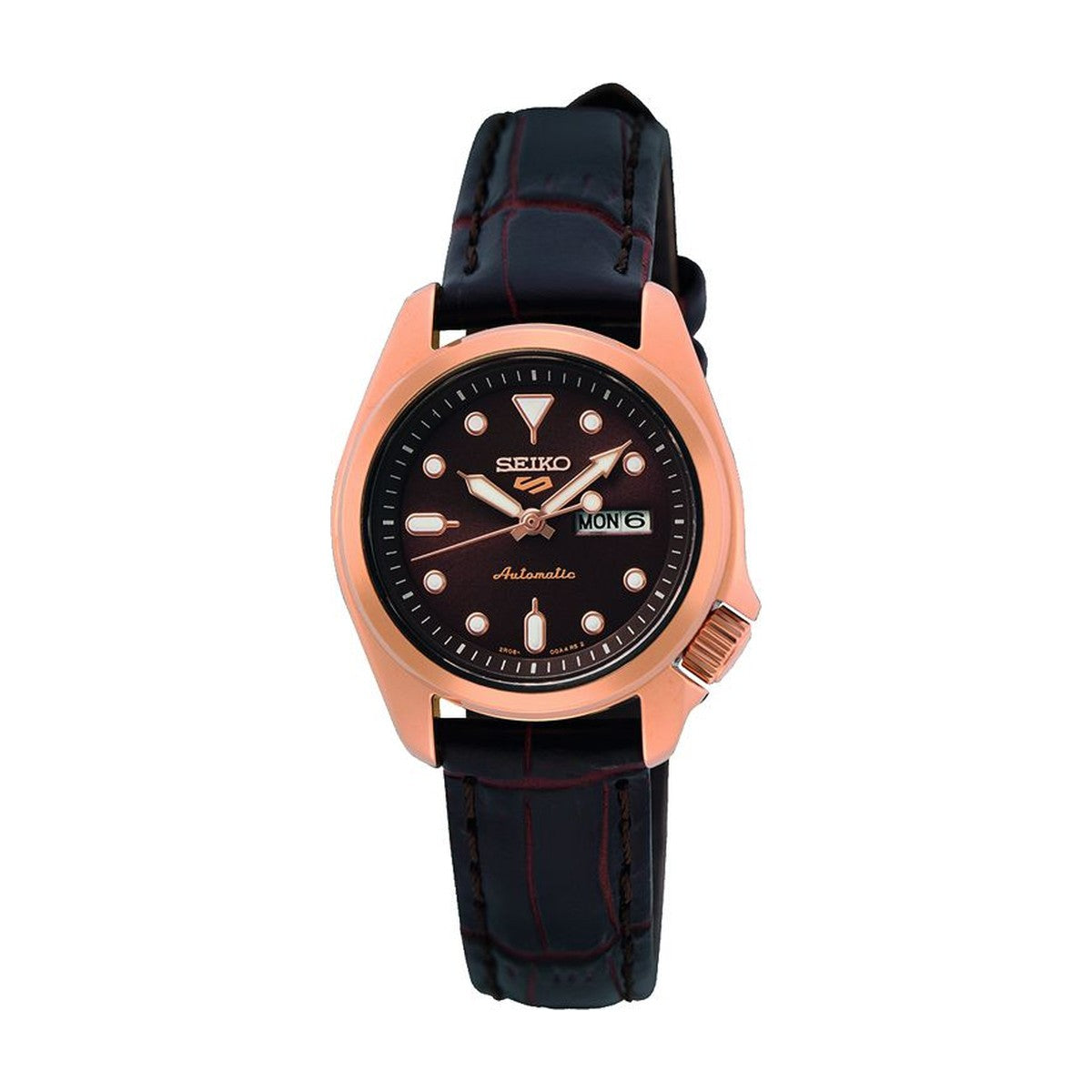 Seiko - 5 sport automatik Dameur, rosa forgyldt stål med læderrem, brun skive, 100m - Model: SRE006K1