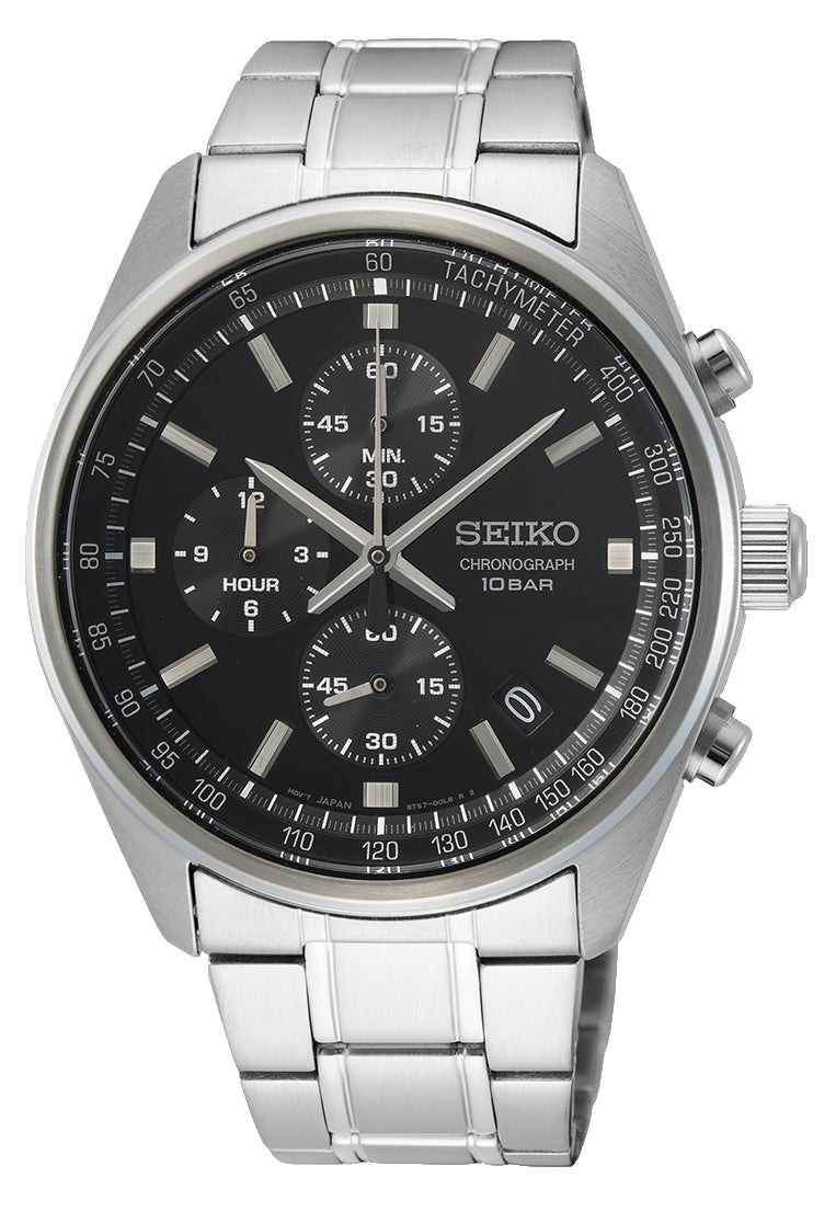 Køb Seiko - Herreur cronograph stål med lænke dato sort skive 100 m - Model: SSB379P1 hos Guldsmed Smeds