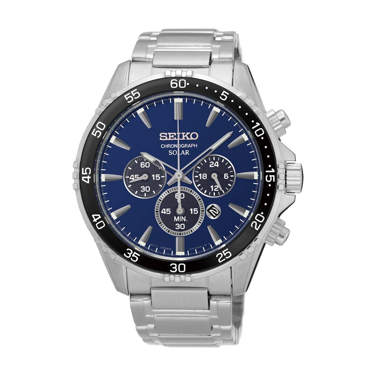 Køb Seiko - Solar herreur i rustfrit stål med lænke, blå skive, cronograph, vandtæt til 100m - Model: SS hos Guldsmed Smeds