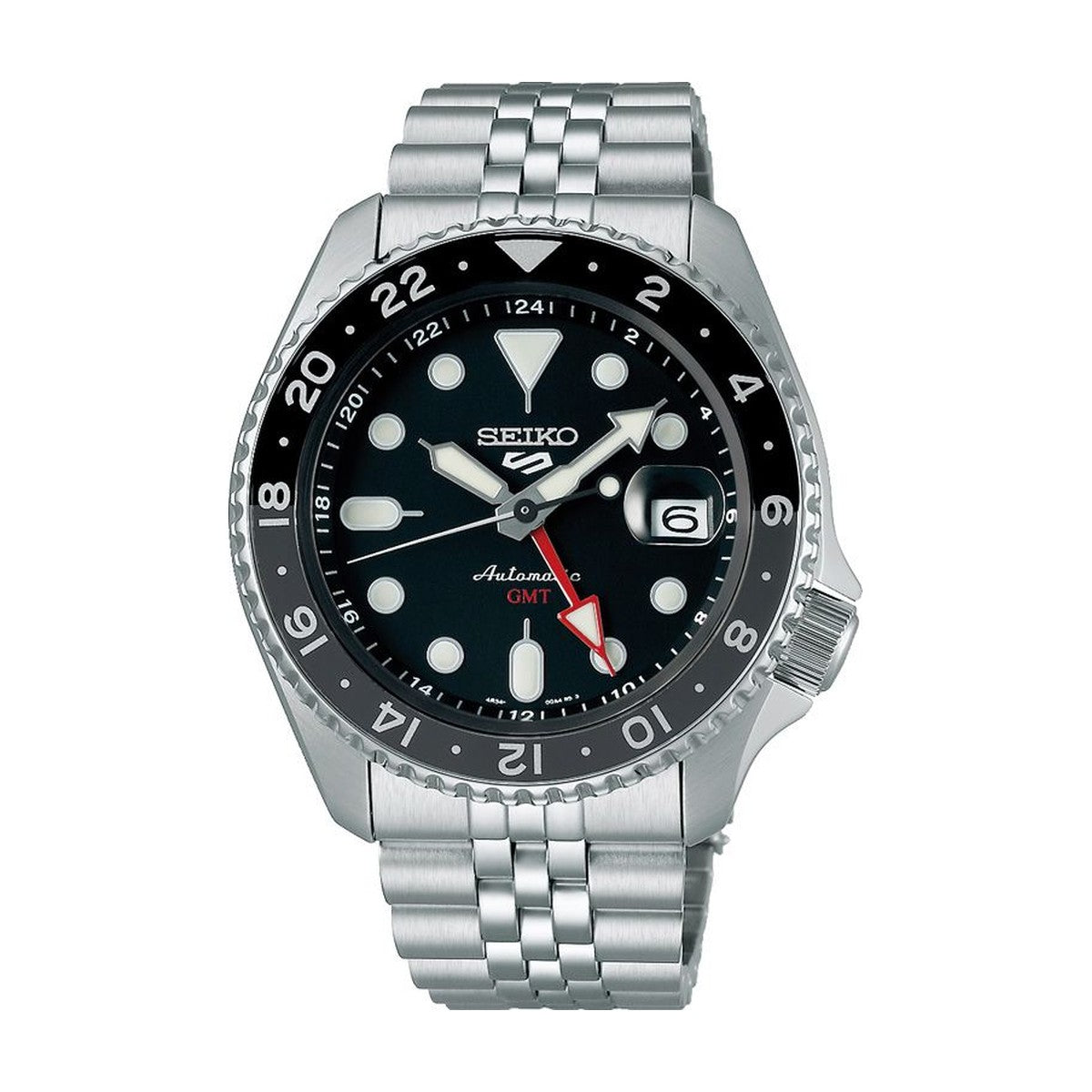 Seiko - 5 sport GMT automatik herreur, stål med lænke, sort skive, 100m - Model: SSK001K1