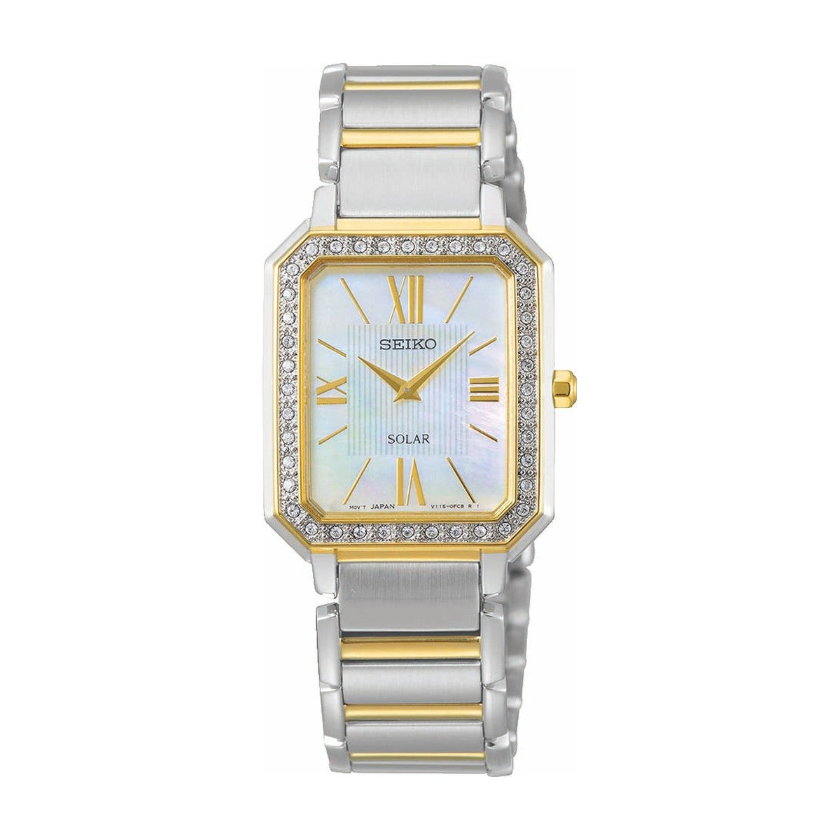 Køb Seiko - Dameur solar stål/gulddublé med lænke, 40 sten rundt om skive, WR - Model: SUP428P1 hos Guldsmed Smeds