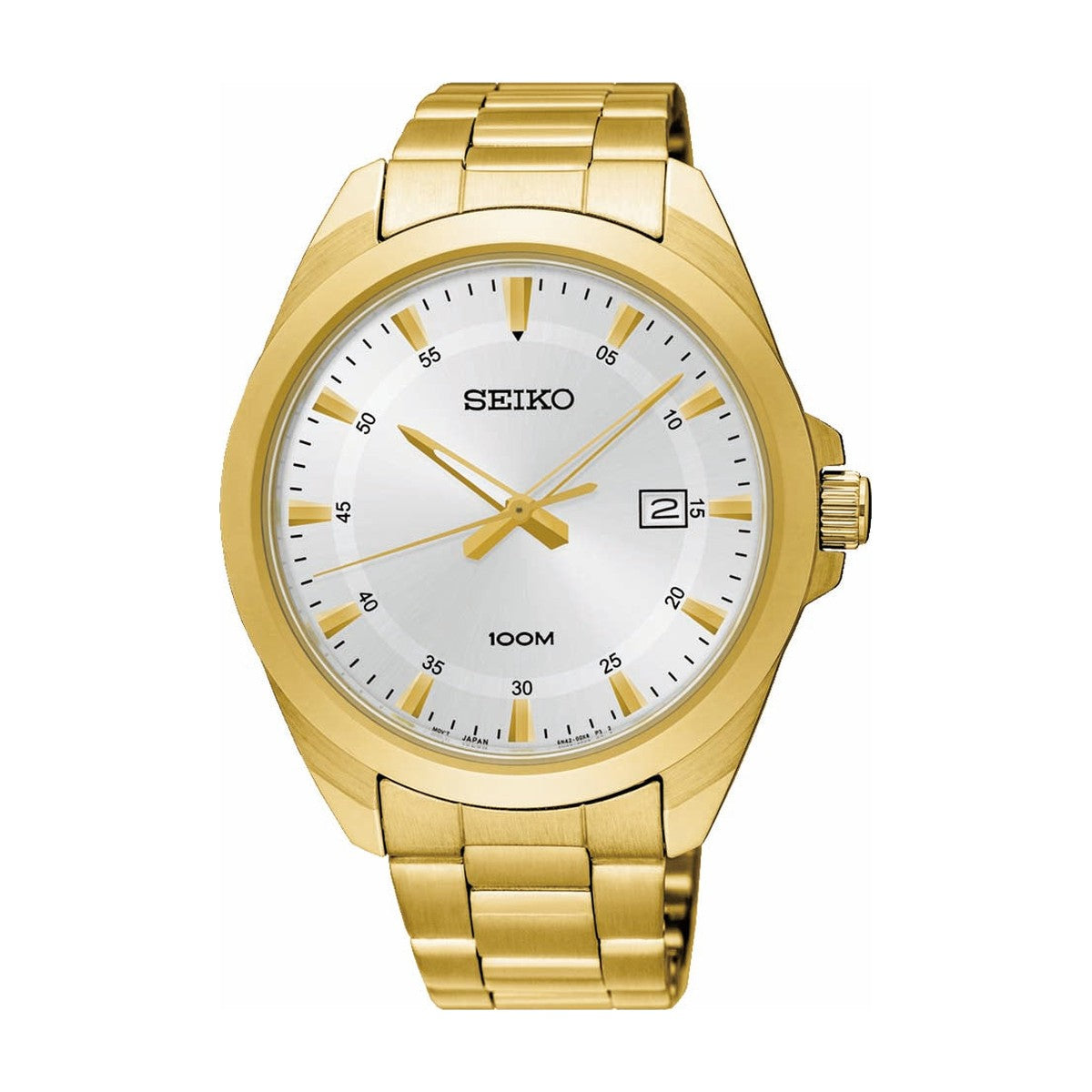 Køb Seiko - Herreur gulddublé med lænke, dato, sølvfarvet skive, 100 m - Model: SUR212P1 hos Guldsmed Smeds
