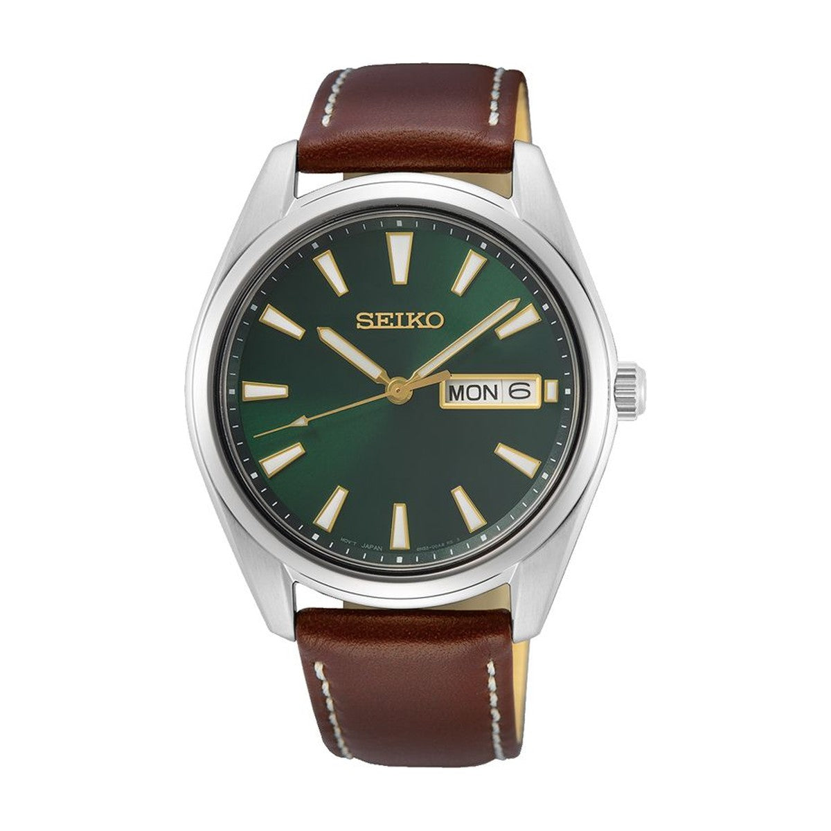Seiko - Herreur med læderrem, grøn skive og dato - Model: SUR449P1